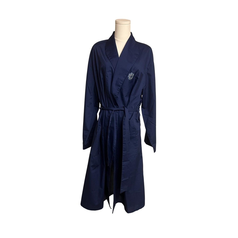 Vintage 70s Navy Blue Robe Embroidered Crest Shawl Collar Tie Waist Unisex Large